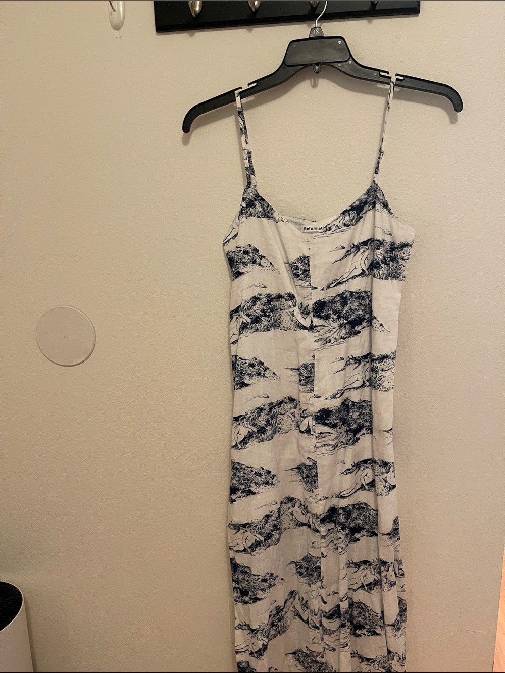 EUC Reformation White Maxi Slip Dress with Navy Scenic Print